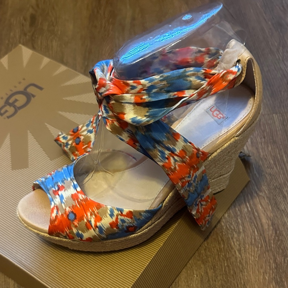 UGG Women's Red, Blue & Cream Floral Wrap Espadrille Wedges